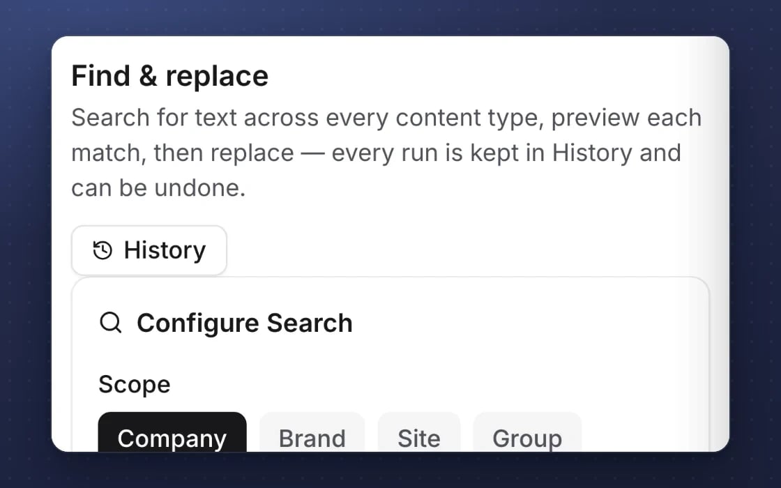 Find and replace across sites in mDOS: preview every match, choose company, brand, site or group, and undo any run from History