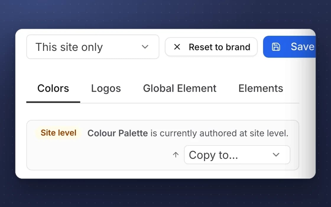 Brand settings in mDOS set in layers: this site only or the brand’s, with reset to brand and copy to other sites