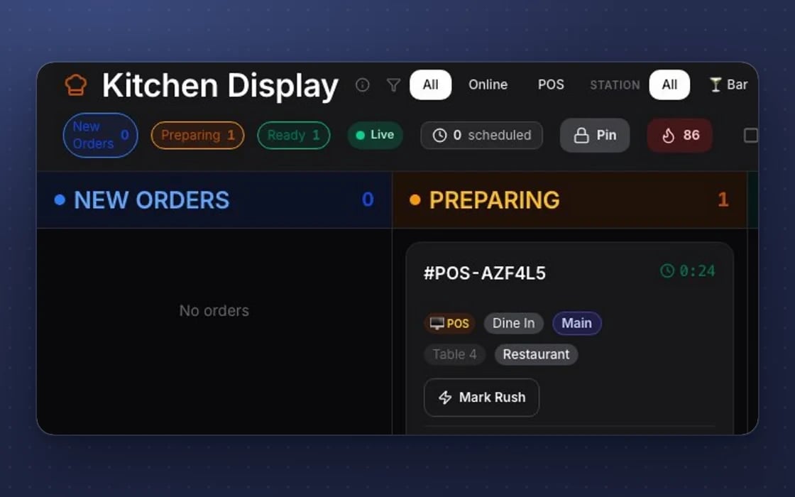 The mDOS kitchen display: online and till orders arrive on the same screen, from new to preparing to ready