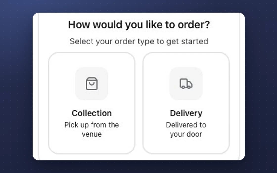 Online ordering in mDOS on a phone: the guest chooses collection or delivery
