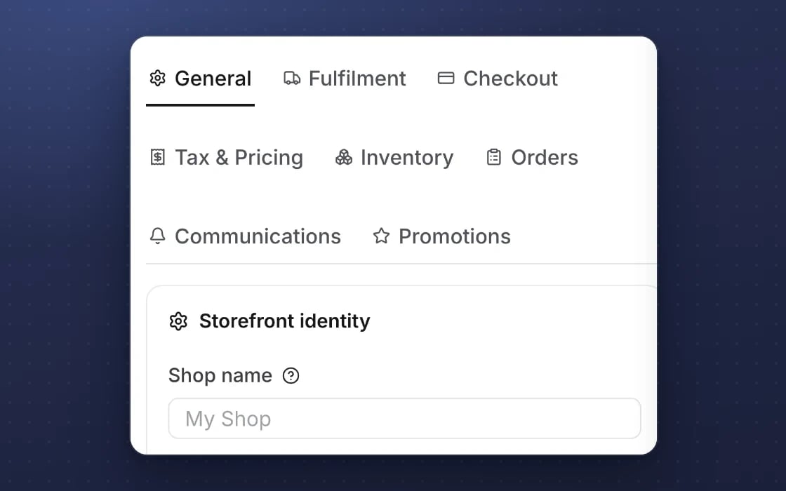 Impostazioni dello shop in mDOS: evasione ordini, checkout, imposte e prezzi, inventario e ordini, con nome e valuta propri dello shop