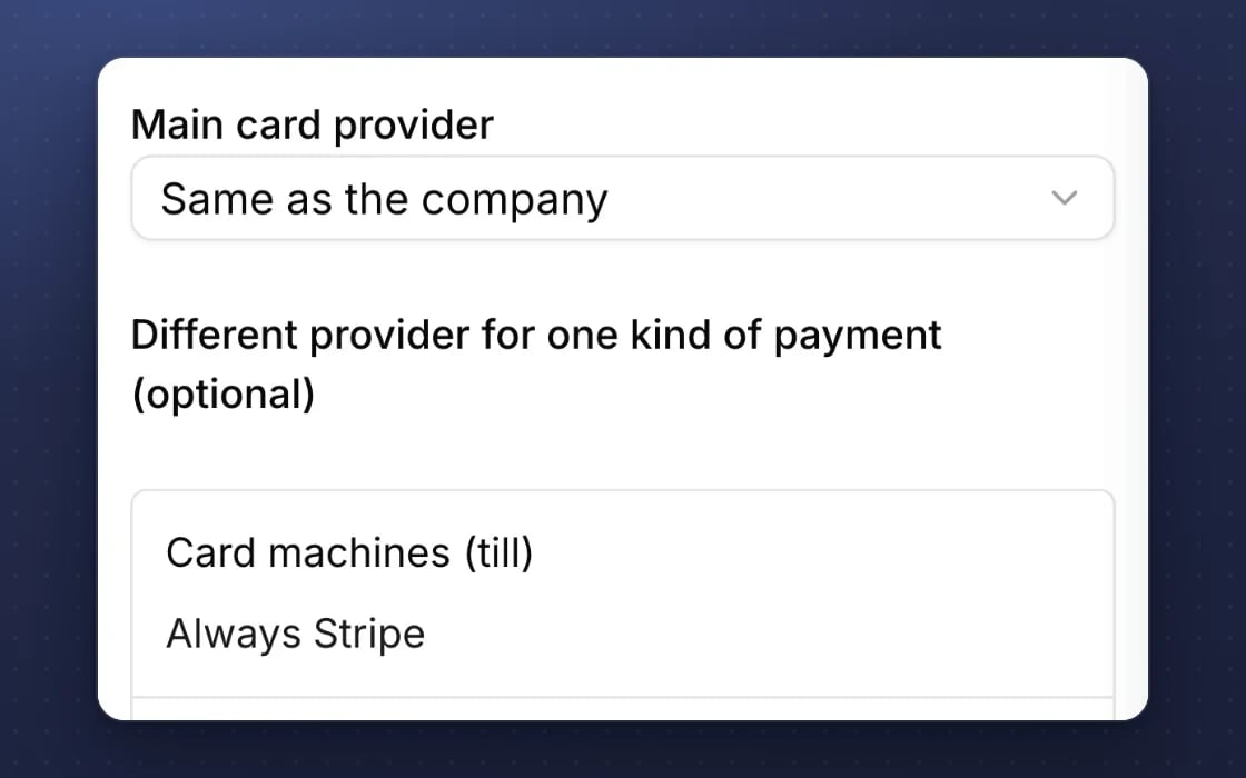 Payment settings in mDOS: choose which card provider takes each kind of payment at each venue