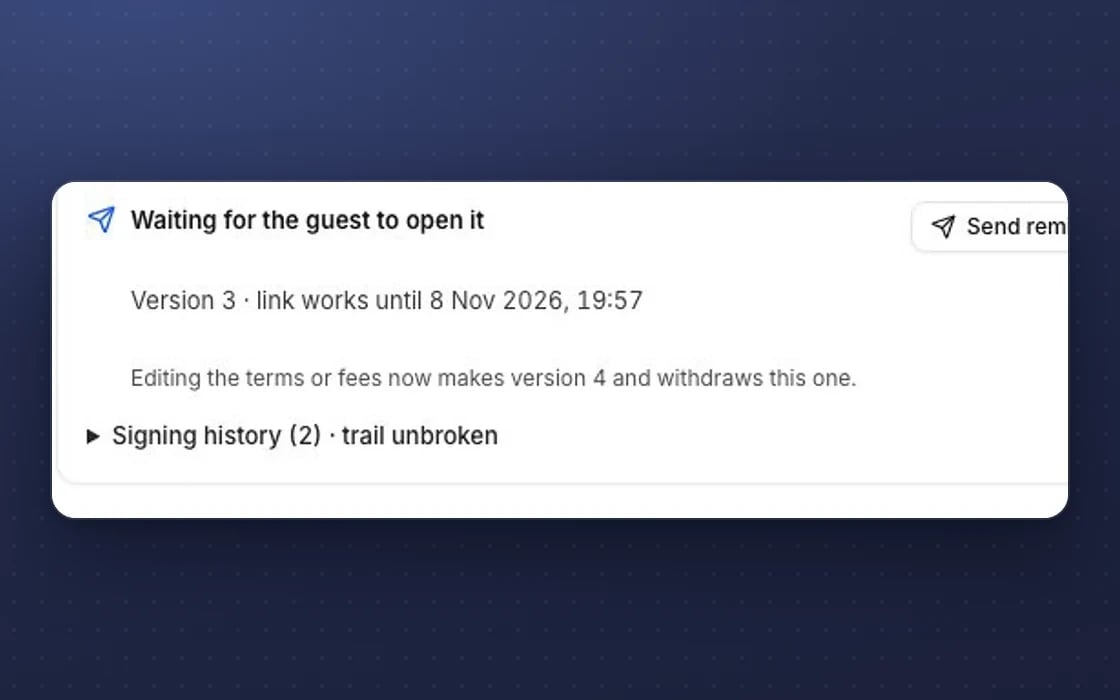 A sent contract in mDOS: waiting for the guest, a link that expires, and a signing history with an unbroken trail