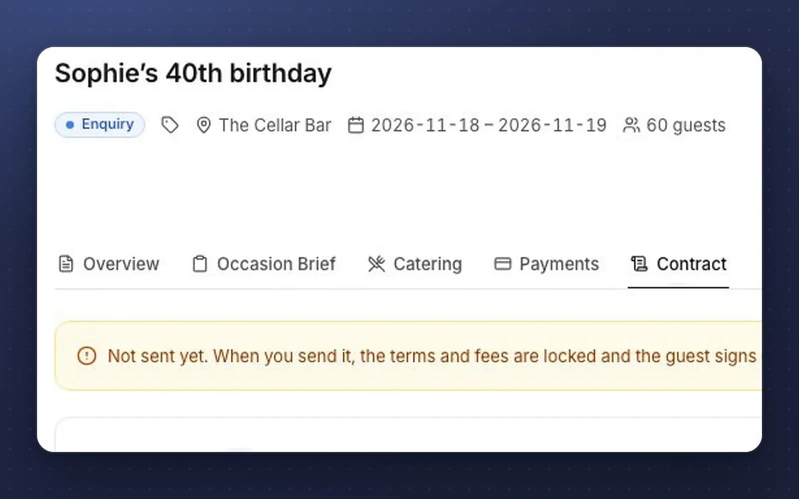 A private hire booking in mDOS with its contract tab: sent for signature straight from the booking