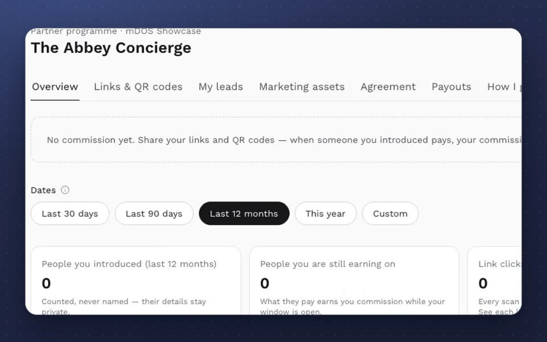 A referral partner’s own portal in mDOS: links and QR codes, leads, assets, agreement and payouts