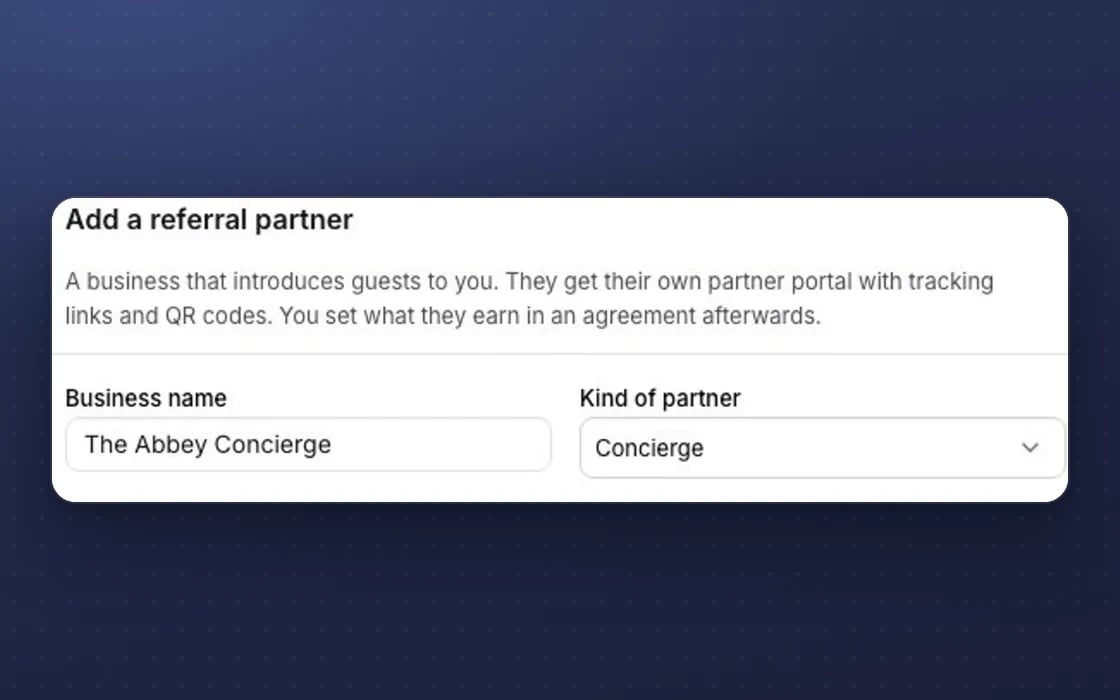 Adding a referral partner in mDOS: the business and the kind of partner, such as a concierge