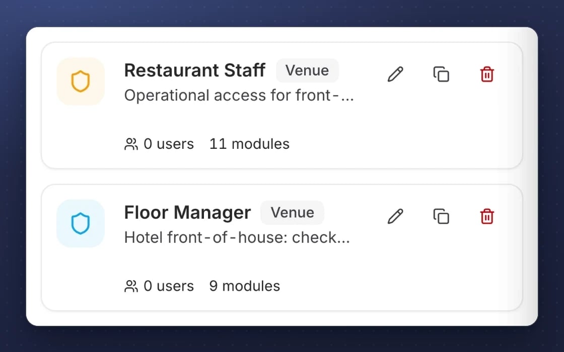 Rollen in mDOS: Restaurantpersonal, Floor Manager und Marketing, jeweils beschränkt auf einen Standort und bestimmte Bereiche