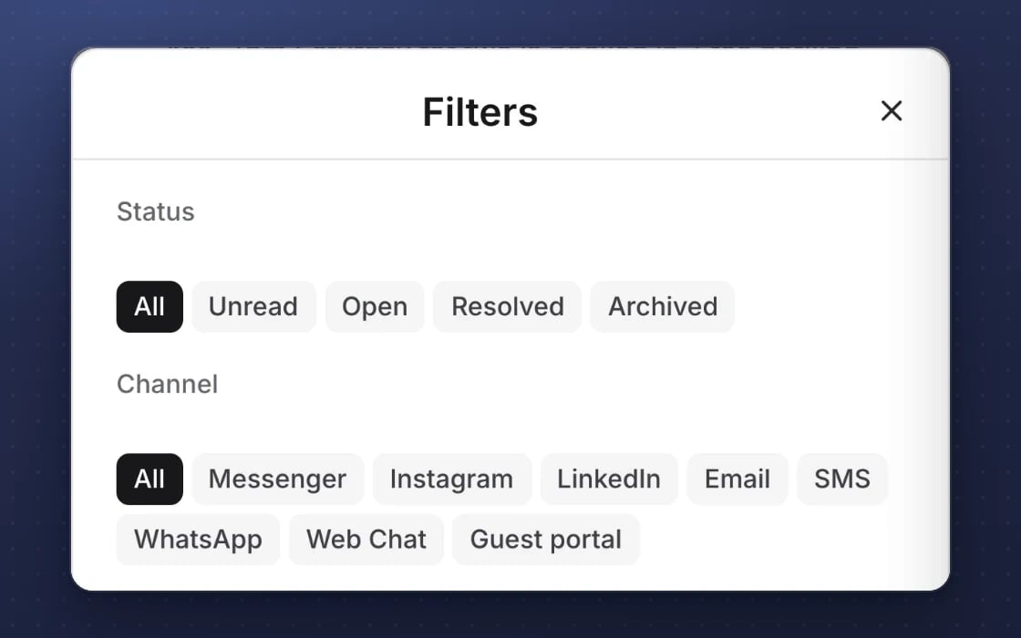 Filtri della posta in arrivo condivisa in mDOS: Messenger, Instagram, LinkedIn, email, SMS, WhatsApp, web chat e portale ospiti in un unico elenco