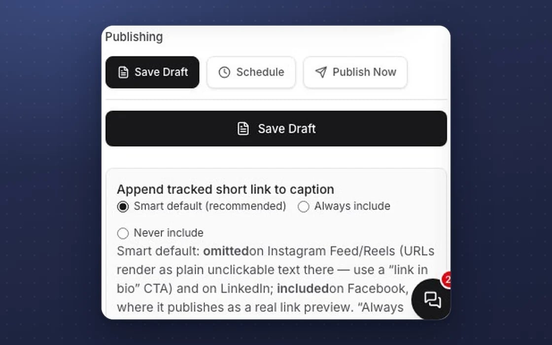 Publishing a post in mDOS: a tracked short link added to the caption, so sales are credited to the post