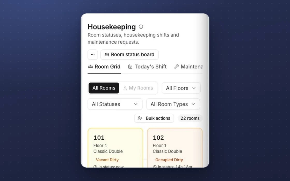 mDOS Staff on a phone: the housekeeping room grid with each room’s status