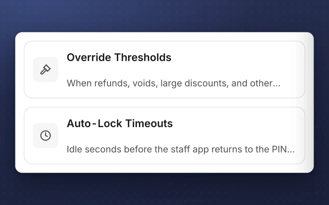 Staff app settings in mDOS: auto-lock timeouts return a shared device to the PIN screen