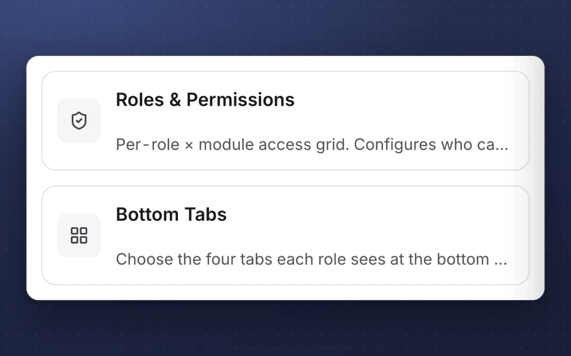 Staff app settings in mDOS: roles and permissions, and the four tabs each role sees