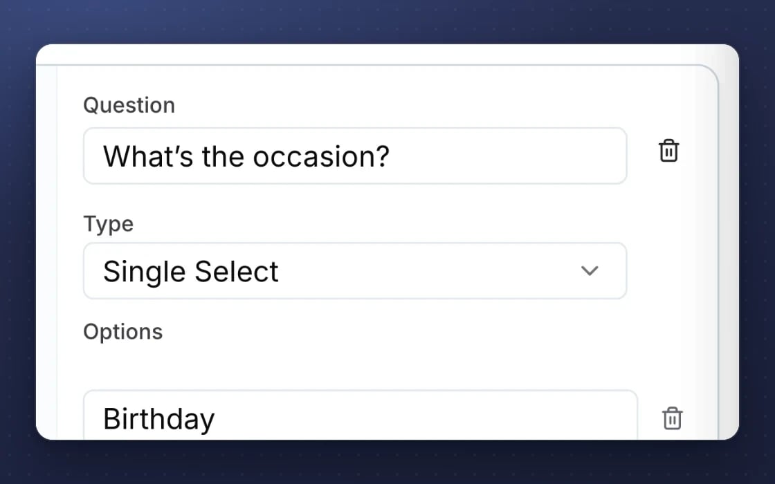 A guest survey question in mDOS: “What’s the occasion?” as a single choice, with options such as birthday