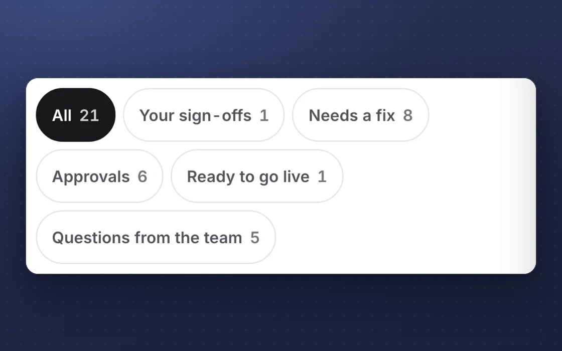 Waiting for you in mDOS: your sign-offs, fixes, approvals, items ready to go live and questions from the team, in one list