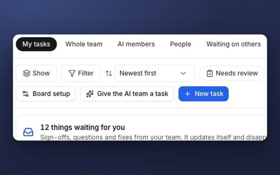 The mDOS task list views: my tasks, the whole team, AI members, people and waiting on others
