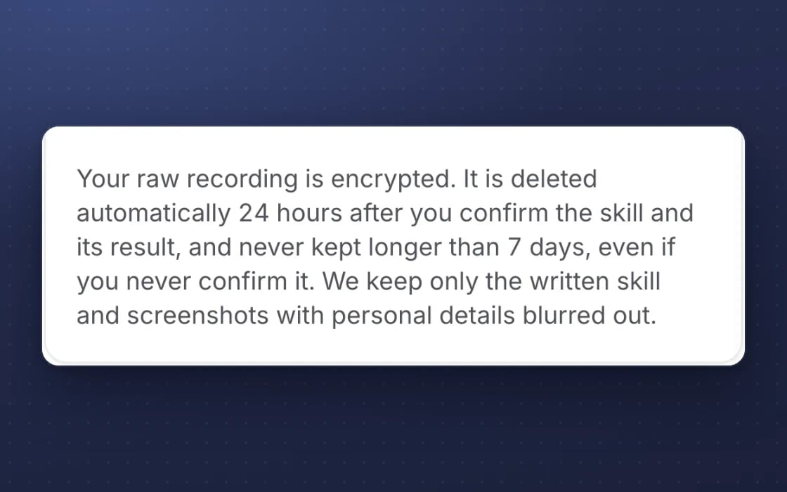 Teach by showing in mDOS: the raw recording is encrypted, deleted within 7 days, with personal details blurred