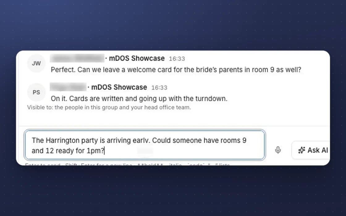 mDOS team chat with an Ask AI button beside the message box