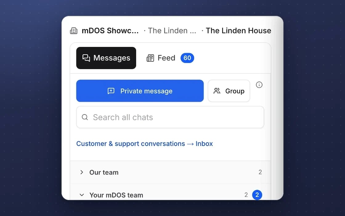 mDOS team chat: search every past chat, with your team, your mDOS team and group rooms in one list
