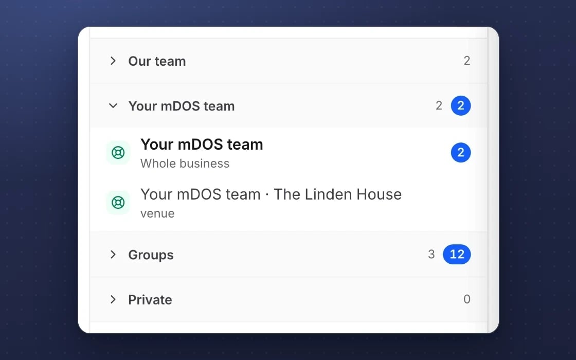 mDOS team chat rooms: your team, your mDOS team for the business and for one venue, and groups
