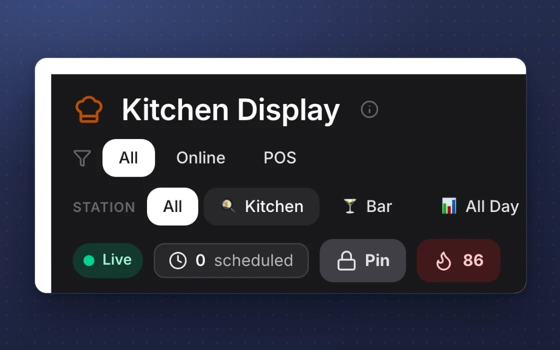 Pantalla de cocina de mDOS: estaciones para cocina y bar, y columnas de nuevos pedidos y en preparación