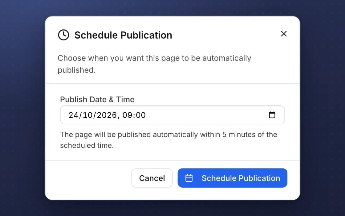 Der Dialog „Veröffentlichung planen“ im mDOS-Seiten-Editor mit ausgewähltem Veröffentlichungsdatum und gewählter Uhrzeit