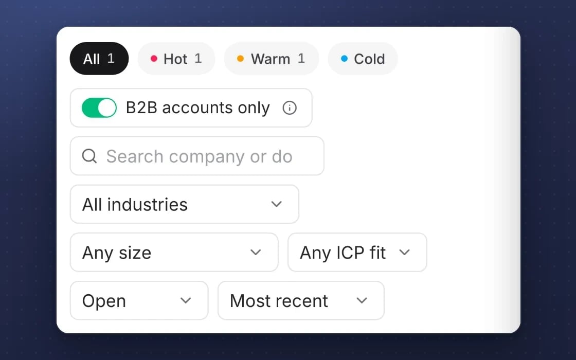 Visitor intelligence filters in mDOS: companies scored hot, warm or cold, and “B2B accounts only” to leave home and mobile connections out
