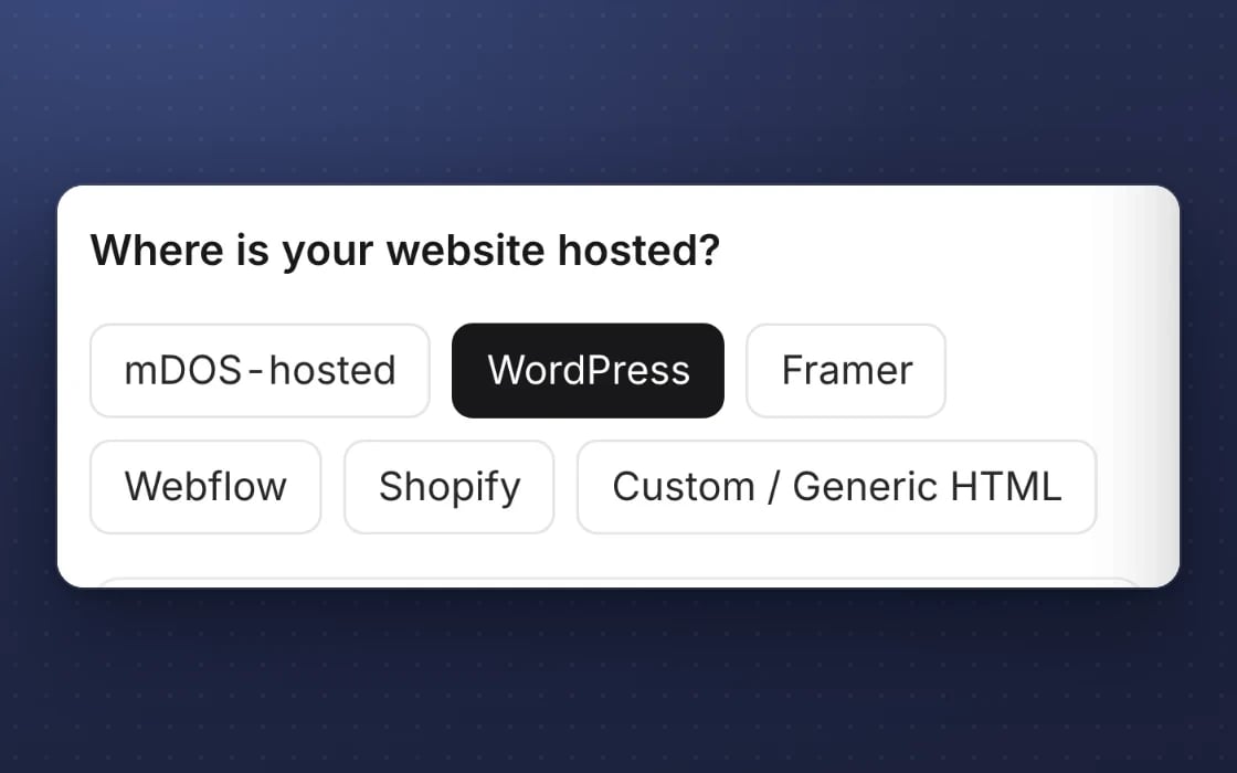 Tracking set-up in mDOS: pick where your website is hosted, then copy one snippet of code